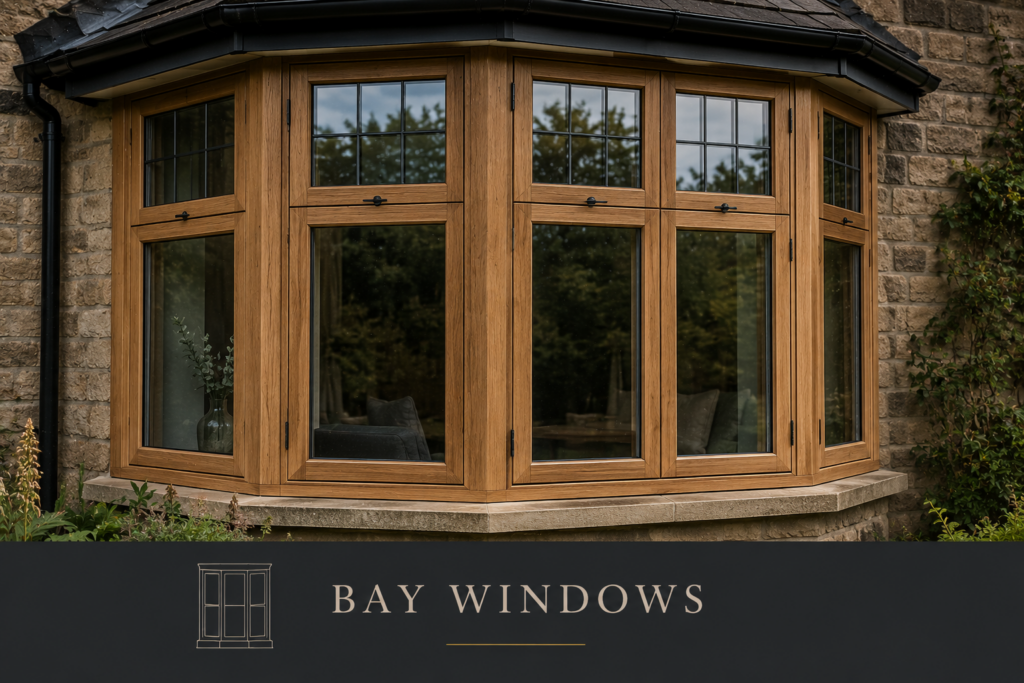 Splayed timber bay window on a stone cottage