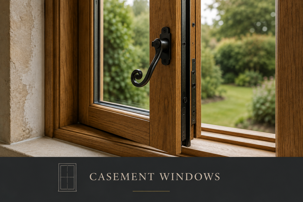 Timber casement window with a black monkey-tail handle, open onto a garden