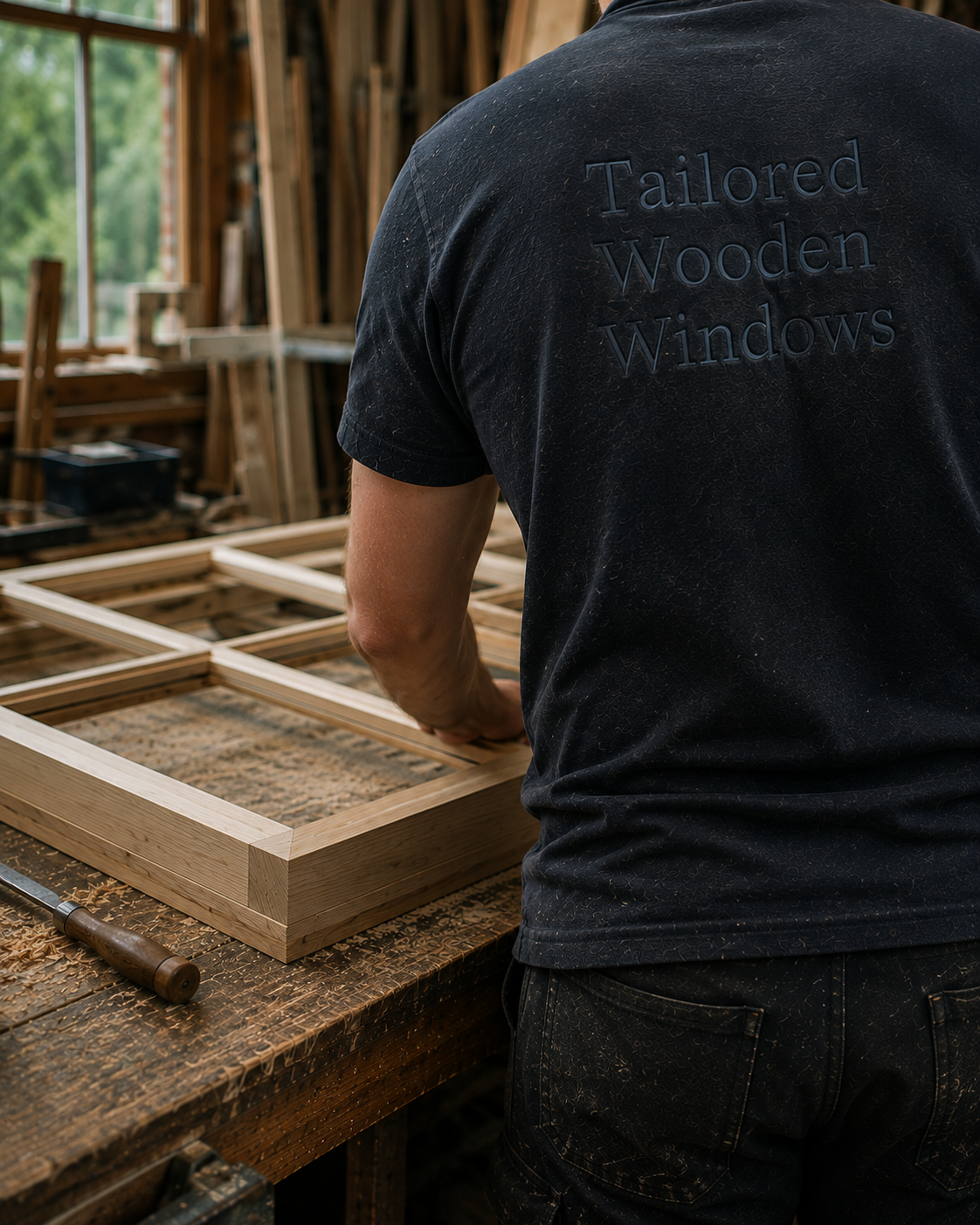 A joiner in a Tailored Wooden Windows shirt making a timber window at the bench