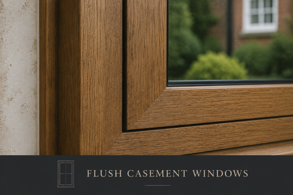 Close detail of a flush casement sash sitting level within the outer frame