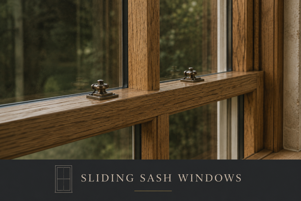 Meeting rail of a timber sliding sash window with brass sash fasteners