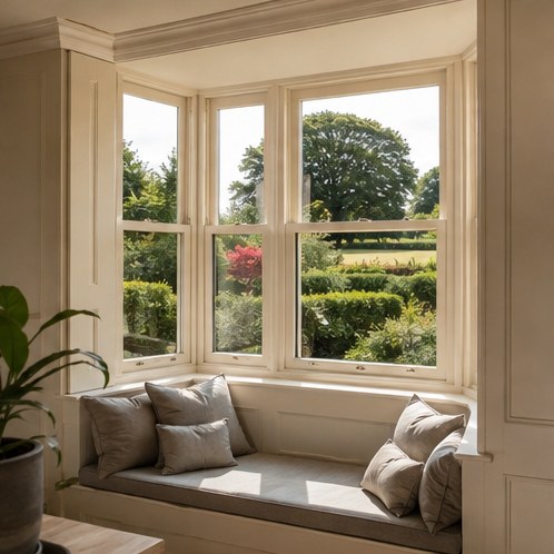 A three-light sash bay seen from inside, with a window seat