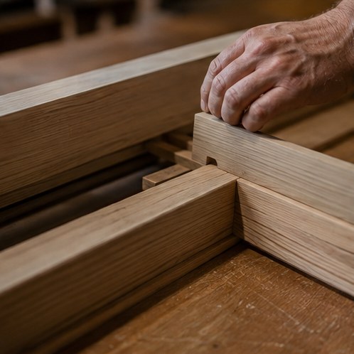 Timber sections set out on the bench